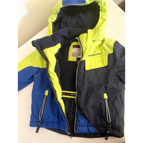 Weatherproof kids toddler jacket sz 2T neon green and blues removable hood - Picture 7 of 15
